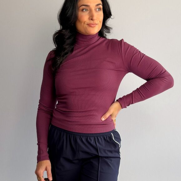 Women’s Plum Ribbed Turtleneck Top – Long Sleeve Stretch Layering Tee - Picture 2 of 8